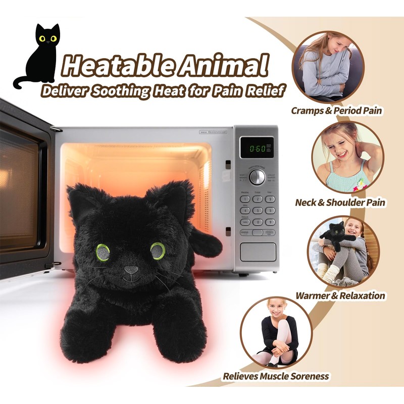 Black Cat Stuffed Animals, Microwavable Stuffed Animal Adorable Fluffy Cat