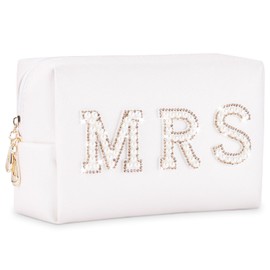 MRS Makeup Bag, Etercycle Bridal Shower Gifts Small PU Waterproof Letter Cosmetic Bag, Bling Pearl Rhinestone Patches Travel Organizer for Engagement Bachelorette Party(Gold)