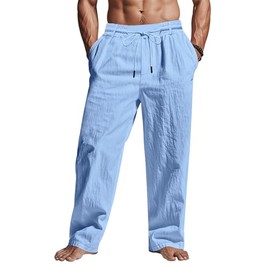 ‌Men's Linen Pants Lightweight Drawstring Elastic Waist Pockets Loose Fit Straight Legs Summer Beach Yoga