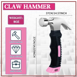 Leriton 2 Pcs 8.8 oz Small Hammer All Purpose Claw Hammer Mini Nail Stubby Hammer with Soft Rubber Handle Camping Tools for Women Kids Home DIY Building Repair Woodwork Household (Pink)