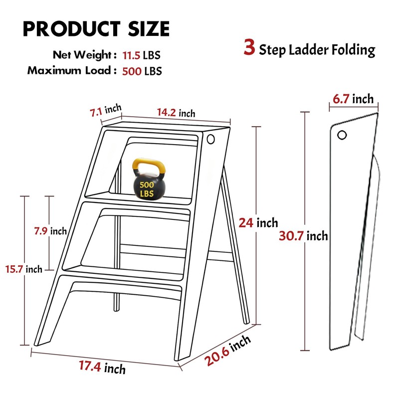 Acrylic 3 Step Ladder Folding Step Stool for Adults Foldable