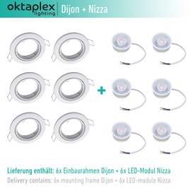 6 x Octaplex recessed luminaires swivelling Dijon with Nice LED module 4.8 W 230 V 2700 K 380 lm warm white 110° spotlights white hole size 68 mm