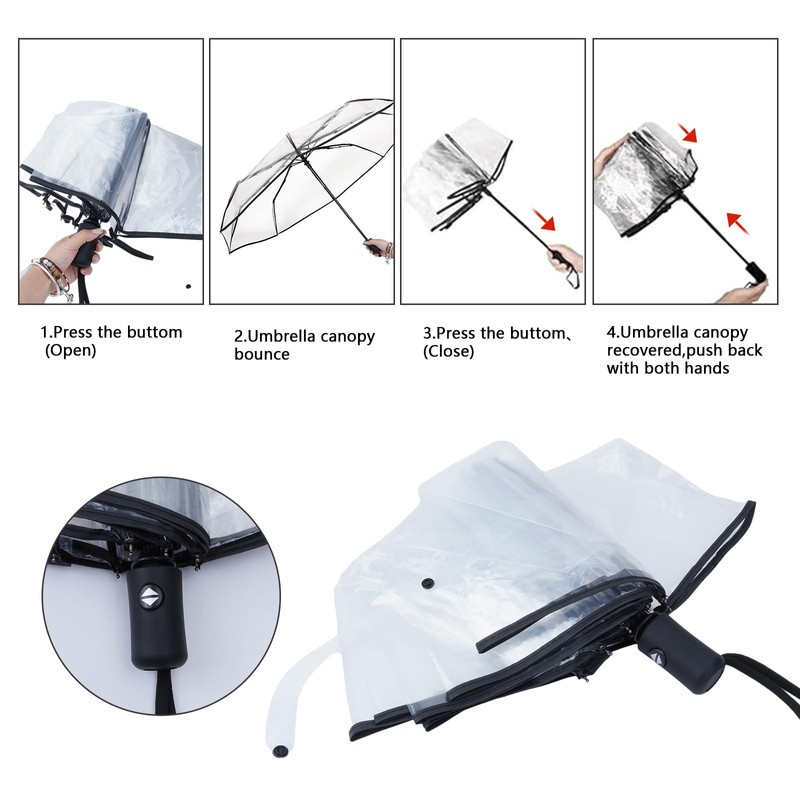Wisebom Transparent Umbrella Automatic Folding Clear Umbrella Tri-fold 8 Ribs