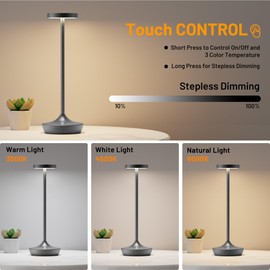 YHT Cordless Table Lamp Rechargeable,6000mAh Battery Operated LED Desk Lamp,Portable Outdoor Waterproof 3-Color Touch Dimmable Table Lights for Dining/Patio/Restaurant/Home (Grey-2P)