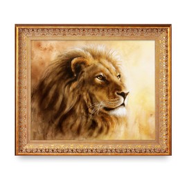 A beautiful airbrush painting of a lion head Framed Size:24.5x20.5 inches,Image Size:20x16 inches Classic Animal Art Wall Decor,Vintage Pattern Gold Frame