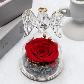 Yamonic Preserved Real Rose in Glass Angel Figurine Gifts for Women, Eternal Rose Gifts for Her,Birthday Gifts for Mum Grandma Wife,Preserved Rose Angel Gift for Women on Christmas Anniversary