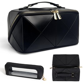 Linpr Foldable Travel Makeup Bag Set, Packable Large Capacity Cosmetic Bag, Portable Toiletry Bags for Women Travel Essentials with Transparent Brush Pouch, Waterproof Organizer with Divider & Handle