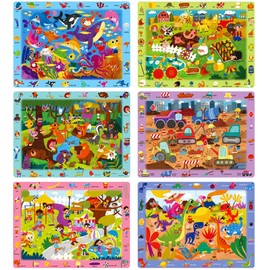BenBen Puzzles for Kids Ages 4-6，6 Pack 24 Piece Search and Find Puzzles, Wooden Jigsaw Puzzles for Toddlers 3-5, Preschool Educational Toys, Montessori Learning Gift for Boys Girls