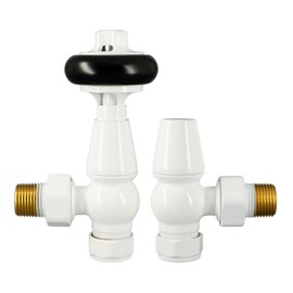 VANCOCO Traditional Angled Brass Thermostatic Radiator Valve 15mm 1/2'' Handwheel Antique TRV Thermostat (White)