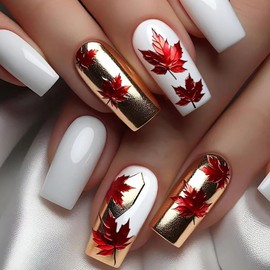 Vopintpy Thanksgiving Press on Nails Medium Square Fall Fake Nails Red Maple Leaf Acrylic Glue on Nail Glossy Autumn Maple Leaves Stick on Nail for Women DIY Manicure