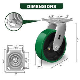 LONGRUNFORU 6" X 2" Heavy Duty Industrial Casters,Polyurethane Tread Cast Iron Wheel (Non-Marking) Caster- 4800 Lbs Capacity Per Set of 4 (2 Swivel & 2 Rigid)