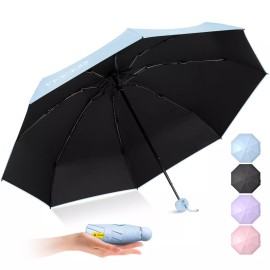 Viess Paraguas Sombrilla Mini De Bolsillo , Plegable Anti-uv , Ligera Y Compacta Apta Para Sol Y Lluvia, Ideal Para Mujeres, Hombres, Plegable Con 8 Varillas, Azul Claro