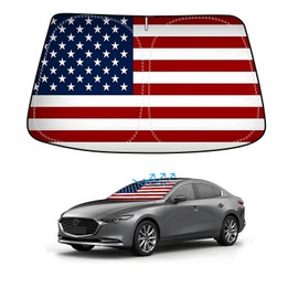 American Flag Car Windshield Sun Shade Compatible with Mazda 3 Hatchback Sedan 2019-2024 2025 - Foldable Reflective USA Patriotic Window Sunshade for UV Protection & Heat Reduction
