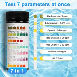 Pack of 160 Pool Test Strips, 7-in-1 Pool Water Test Strips, pH Test Strips, Pool Tester for Free Chlorine, PH, Bromine, Total Alkalinity, Total Chlorine, Total Hardness, Cyanuric Acid