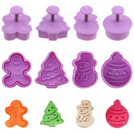 8 Pack Christmas Cookie Cutters Fondant Stamper, Pastry Cutter, Christmas Tree, Snowman, Gingerbread and Egg Stamper, Direct Embossing, Spring-Loaded Handle Cutter Set（Purple）