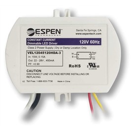 Espen LED Driver, VEL12045120HDA-3, TRIAC Dimming, Constant Current, Max. 12W, 450mA, 120V Input Operating Voltage Range 22-28V