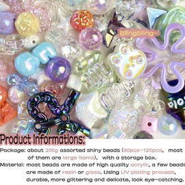 90-120PCS Large Acrylic Colorful Glitter Assorted Beads for Bracelet Making UV Plating Focal Beads for Pens Round Flower Bow Bear Heart Candy Cute Bead for DIY Jewelry Necklace Keychains Phone Charm