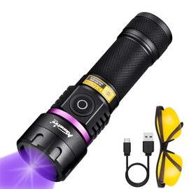 ALONEFIRE SV116 365nm UV Flashlight 60W Powerful Blacklight USB C Rechargeable Black Light for Pet Urine Detector, Scorpion, Resin, Bed Bug, Fishing with UV Protective Glasses, Rechargeable Battery