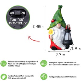 Outdoor Solar-Powered Lantern Dwarf Sculpture Garden Gnome Statue with Lantern and Ladybug, 7.5 x 4 Inches, Decorative Outdoor Sculpture