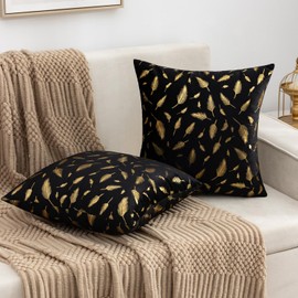 Cheekywares Cushion Covers Black Set of 2 Velvet Throw Pillow Covers Gold Feather Bronzing Flannelette Decorative Pillow Cases for Couch Bedroom Sofa Car Home Living Room Decor 45x45cm