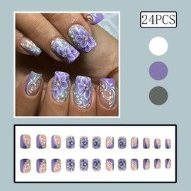 Purple Flower Press on Nails French Tip Fake Nails Short Square Acrylic Nails Full Cover False Nails with Spring Floral Design Reusable Glue on Nails Cute Stick on Nails for Women Girls 24Pcs