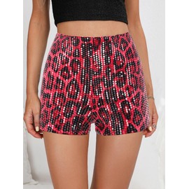 JOLISSLAN Women's Stylish Glitter Sequin Shorts High Waist Straight Leg Shorts Disco Club Festival Rave Costume Dance, Rose Red Leopard Print/XL
