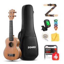 Donner Soprano Ukulele Mahogany Wood 21 inch Ukelele Beginner Kit with Free Online Lesson Gig Bag Strap Nylon String Tuner Picks Ukalalee Yukalalee Bundle Pack DUS-200