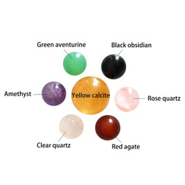 Set of 7 Natural Chakra Crystal Balls with Stand, Made of Yellow Calcite, Black Obsidian, Rose Quartz, Clear Quartz, Green Aventurine, Amethyst & Red Agate Spheres, for Healing Meditation