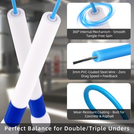 YUEDONG 3mm Steel Core Jump Rope for Adults – Heavy Duty Cable for HIIT & Endurance, Non-Slip 7.7” Ergonomic Handle, Quick Adjust Length for Home Gym Crossfit Outdoor Workout with Carry Bag(Blue,3mm)
