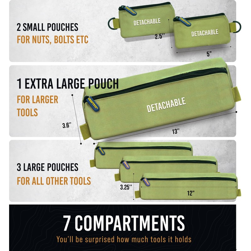 CRAFT911 Durable Tool Bag Organizers w/Detachable 6 Tool Pouches –