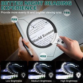 Large Magnifying Glass with Light, 10X 25X 45X Handheld Illuminated Magnifier with 3 Light Modes, 12 LED Lights, Storage Bag, Clean Cloth for Seniors Reading Coins Inspection (Black, Round)