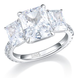 Bo.Dream Total 5ct 3-Stone Radiant Cut Cubic Zirconia Fake Diamond Engagement Rings for Women Platinum Plated Sterling Silver Size 9