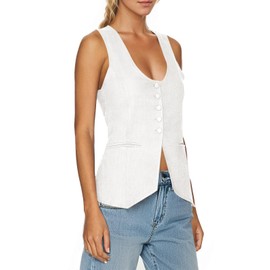 Tankaneo Womens Scoop Neck Blazer Vest Summer Linen Sleeveless Fitted Waistcoat Work Casual Cotton Suit Tops