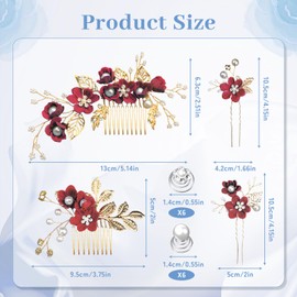 16PCS Burgundy Hair Accessories, Flower Bridal Hair Comb & U-Shaped Pins & Spiral Twist Pearl Hair Decorations, Decorative Hair Combs for Brides Bridesmaids Wedding Guest