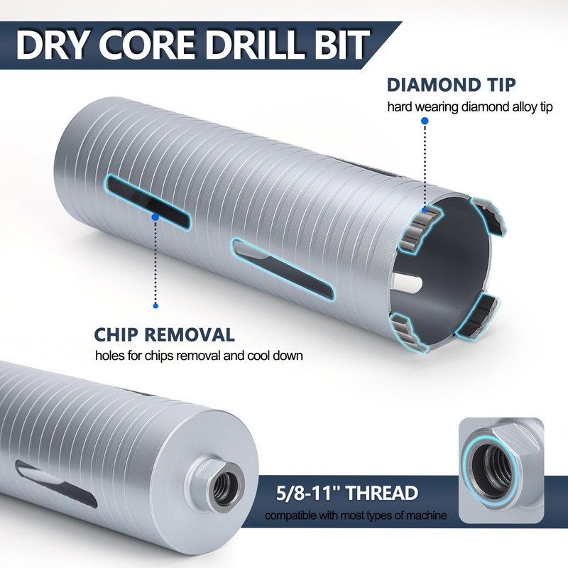 4-1/3 inch Diamond Dry Core Drill Bit, 10" Drilling Depth,