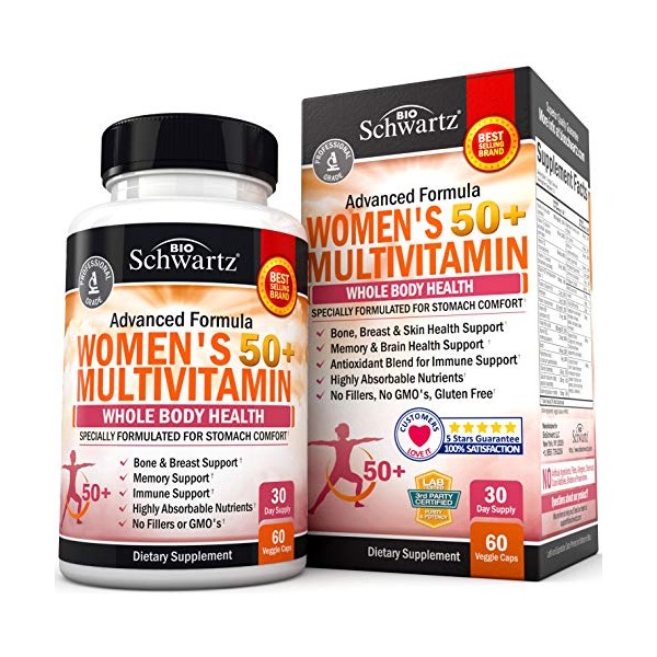 Daily Multivitamin for Women 50 & Over – Memory Support Supplement – Promotes Stress Reduction & Healthy Immune Response – Women's Multivitamin Supplement Designed for Stomach Comfort - 60 Capsules