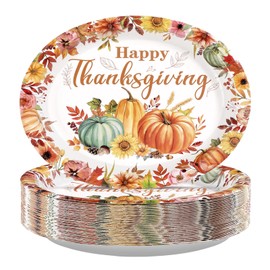Grencian 50Pcs Thanksgiving Oval Paper Plates 12" X 10" Large Heavy Duty Disposable Fall Pumpkin Flowers Plates Autumn Give Thanks Platter for Fall Harvest Holiday Thanksgiving Party Decorations