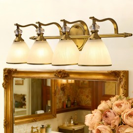 ANDY STAR Brushed Gold Vanity Light, 4-Light Bathroom Light Fixtures, Vintage Wall Lamp with Bell Shaped Frosted Lampshade, 27.8 Inch Bathroom Lighting Fixtures Over Mirror, (Bulbs Not Included)