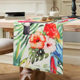 Table Runner Spring Modern Living Room Table Runner Pink Flowers Tablecloth Tropical Green Palm Tree Colourful Pattern Table Runner Dining Room Decorative for Dinner Holidays Parties Spring Summer 40