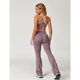 ABOCIW Womens Workout Sets Color Block Strappy Sports Bra Crossover High Waist Flared Leggings Gym Sets 2 Piece Yoga Pilates Outfits Active Wear Colorblock Taro Purple Medium