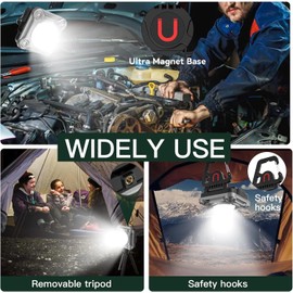 JINIU Rechargeable LED Work Light, 2000 Lumens Magnetic Base with 3 Light Modes, COB Flood Lights with Tripod -180° Rotate, Portable Cordless for Car Repairing, Fishing, Workshop