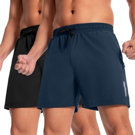 Boyzn Men's 2 Pack 5" Outdoor Hiking Shorts Quick Drying Lightweight Hiking with 3 Zip Pockets Travel Shorts 01-Black/Navy-M