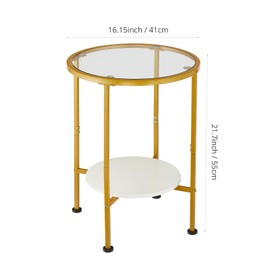 ZEXVIDA Tempered Glass End Table with Storage Shelf for Small Spaces,16.15" Round Accent Table for Bedroom, Sofa Side Table with Bottom Storage​ for Living Room(White Gold)