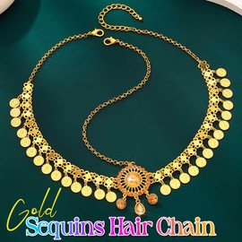 Banatra Boho Head Chain Gold Sequins Hair Chain Crystal Forehead Headpiece Festival Wedding Costume Hair Accessories for Women