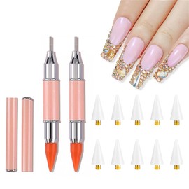 JERCLITY 2 Pieces Pink Double-Ended Rhinestone Pick-Up Manicure Tools, 10pcs Replaceable Self-Adhesive Wax Tips, Dotting Pen Tools for Women Nail Art