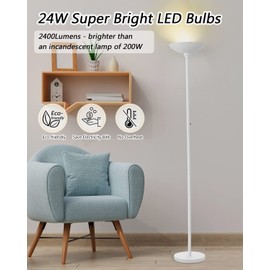 BoostArea Torchiere Floor Lamp, 30W Super Bright LED Standing Lamp, 3000K Stepless Dimmable Pole Lamp with Rotary Switch, 70 Inch Tall Metal Modern White Floor lamp for Living Room/Bedroom/Office/Den