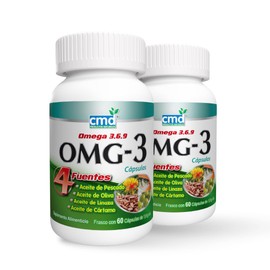 CMD - OMG-3 - Con Aceite de Pescado, Oliva, Linaza y Cártamo - Omega 3, 6 y 9 - Suplemento Alimenticio - 2 Frascos de 60 Cápsulas c/u