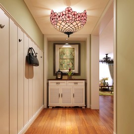 wecrejoni Tiffany Style Stained Glass 3-Light Flush Mount Ceiling Light Fixture, Cherry Blossoms 16 Inch, for Bedroom, Hallway, Indoor Room Lighting, Durable, Easy Install