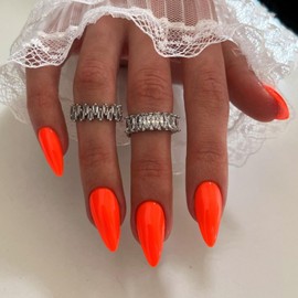 Orange Press on Nails Almond Shaped 48Pcs Neutral Thick Fake Nails for Women, Medium Almond Nails Press on Reusable Acrylic Nails Glue on Medium Length Stiletto False Nails Gel Artificial Nails