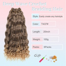 MLETULIPS Curly Crochet Braiding Hair Extensions Deep Wave Braiding Hair Ocean Wave Crochet Hair Soft Synthetic Bohemian Curly Water Wave Crochet Braids for Women (T4/27#, 20 inch/6 pack)